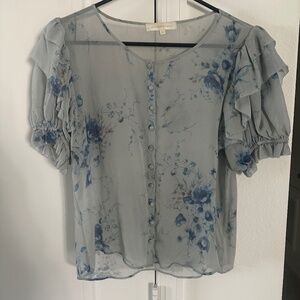 LoveShackFancy silk blue floral button up top
